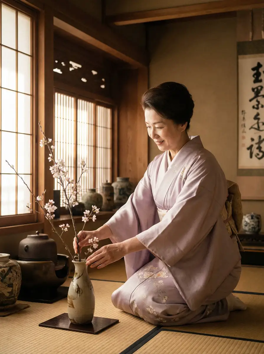 一位优雅的 桃子视频 在和室中插花