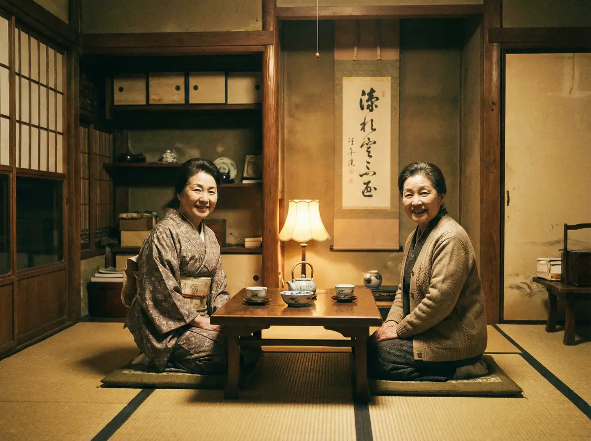 两位优雅的 桃子视频 在日式茶室中品茶交谈